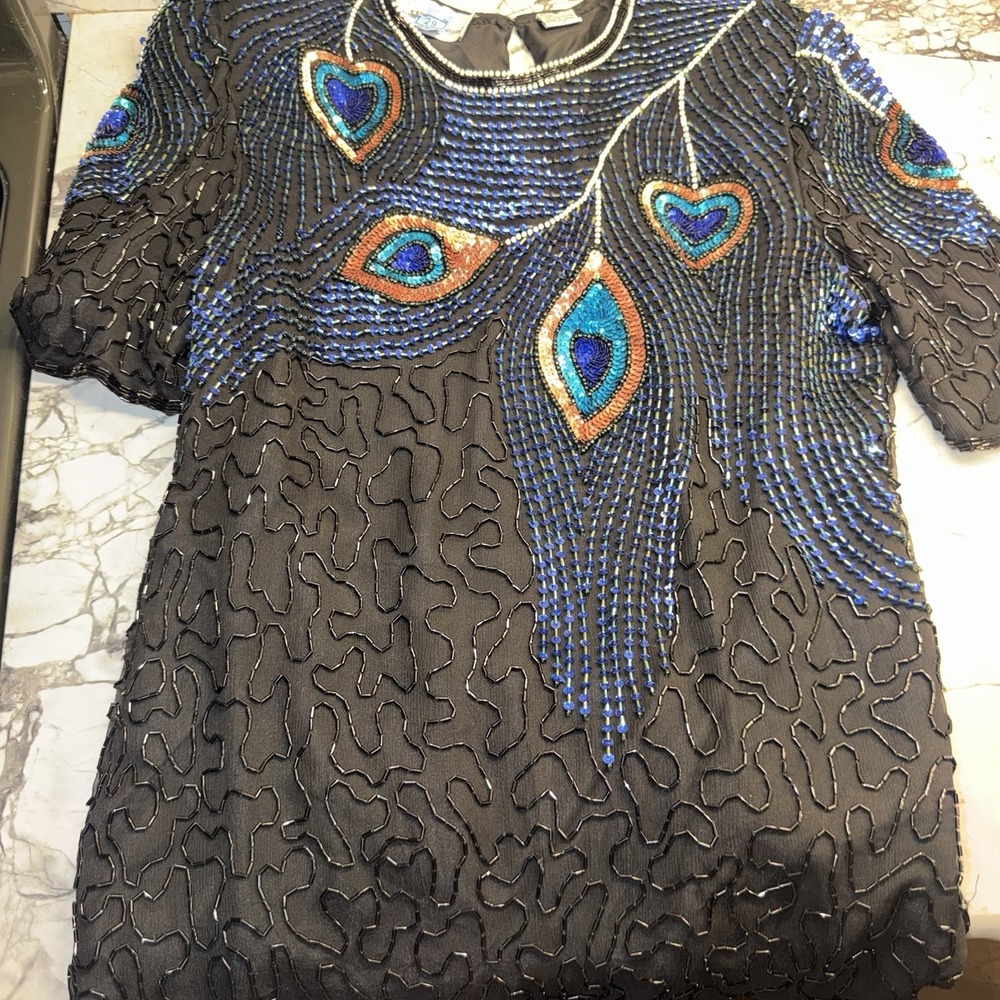 VTG Laurence Kazar Evening Beads Sequins 100%-Silk Peacock Feathers Top Medium